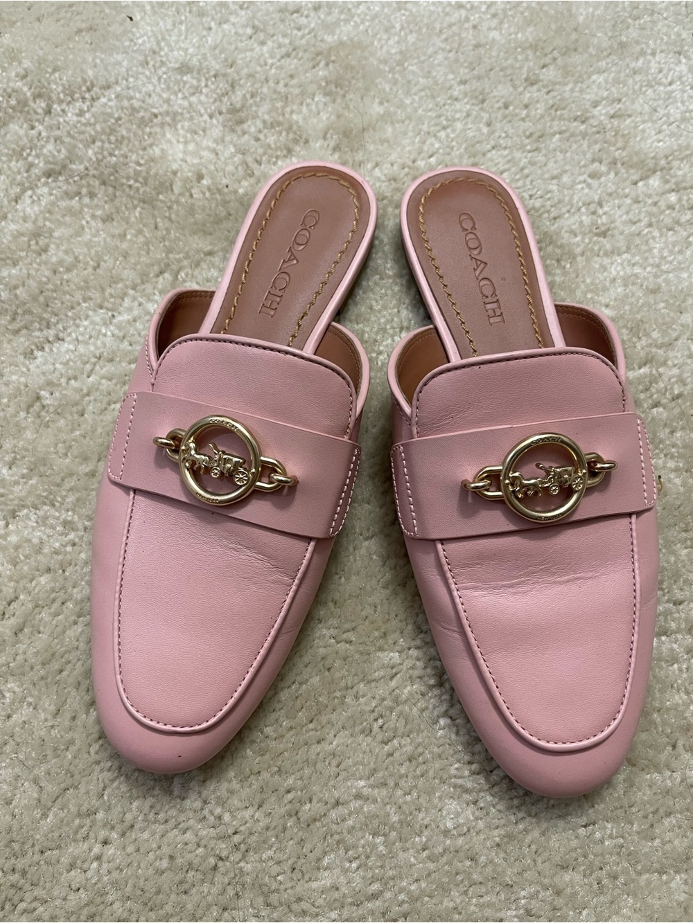 Coach Pink Leather Slip-On Mules with Gold Emblem